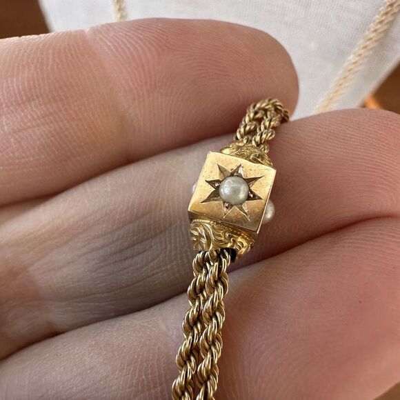 Victorian Pearl Slide Necklace Pocket Watch Chain 14k Yellow Gold 24" 18.7g - Picture 7 of 16